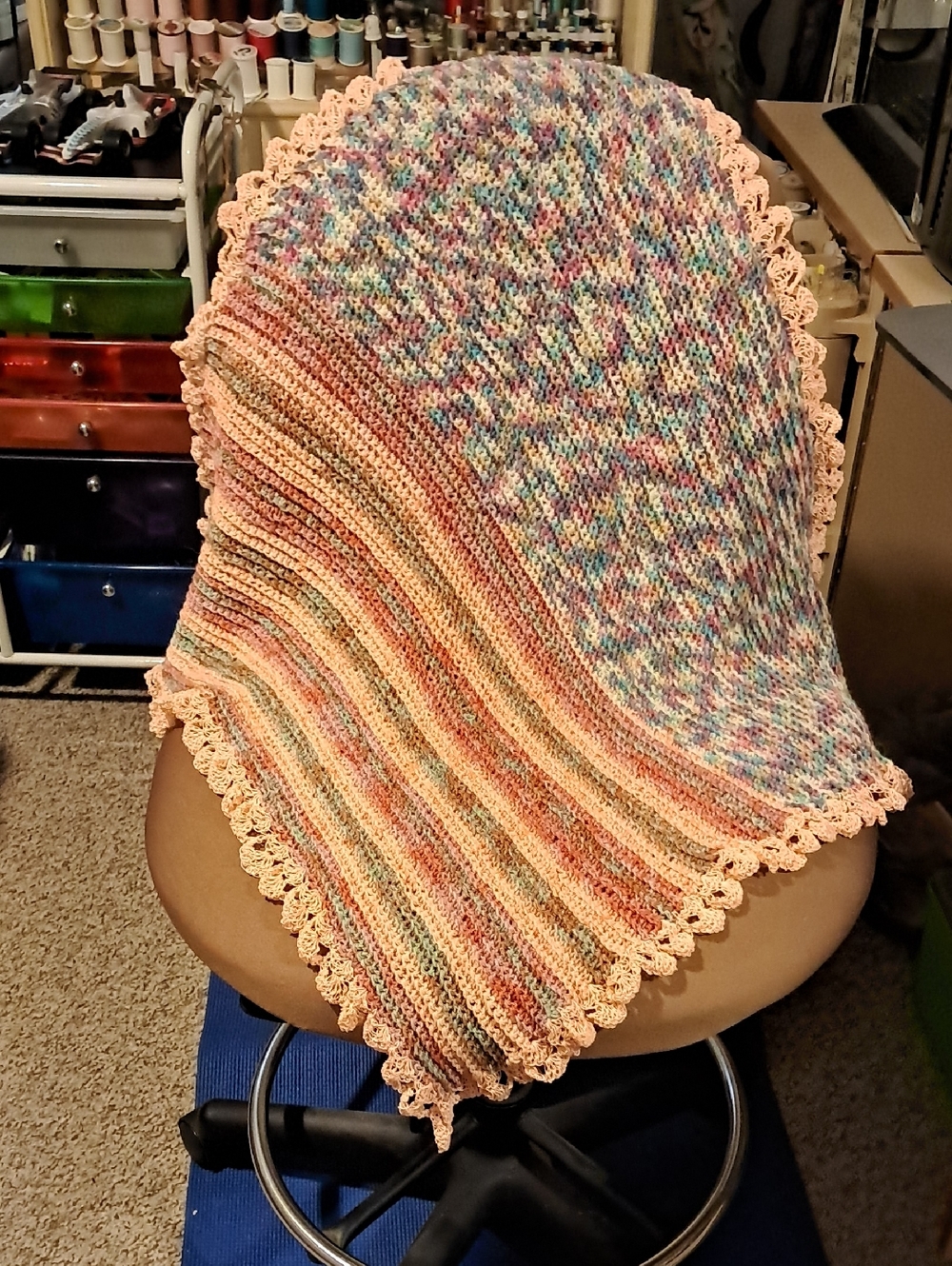 Handmade Multicolor Knit Baby Blanket with Peach Trim